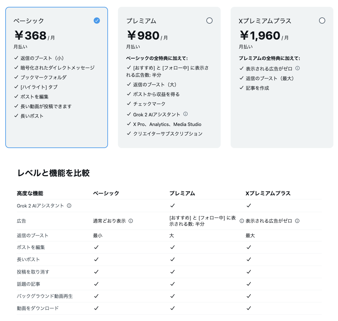 x 有料化 ベーシック プレミアム Xプレミアムプラス